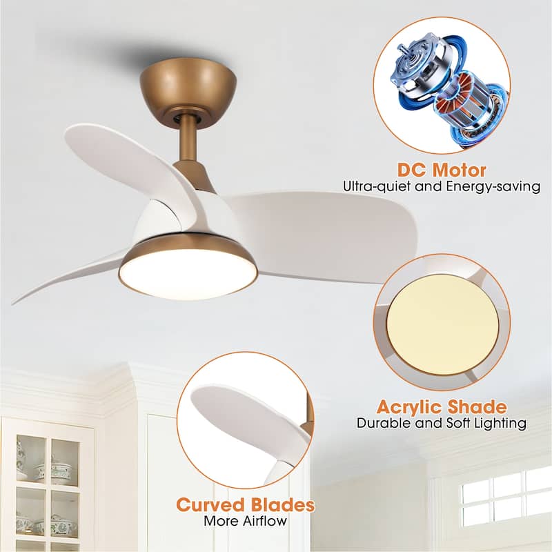 28" Black Modern Dimmable LED Ceiling Fan with Light and Remote