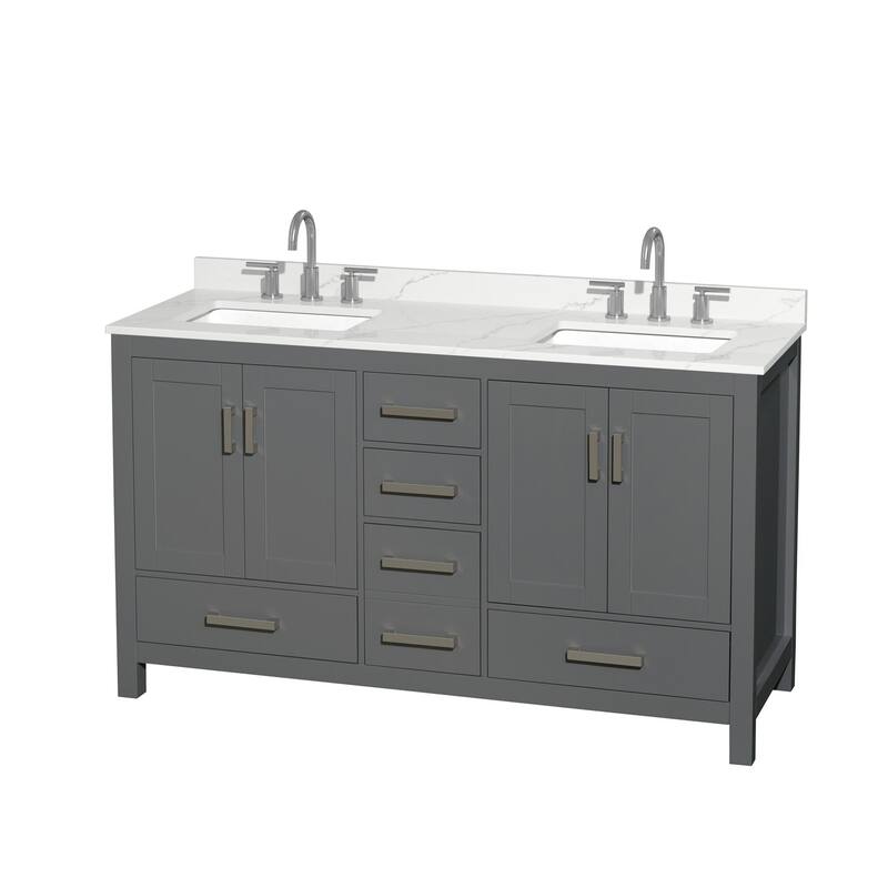 Sheffield 60-inch Double Vanity, 3 Hole Quartz Top - Dark Gray, Chrome Trim, Giotto Quartz Top