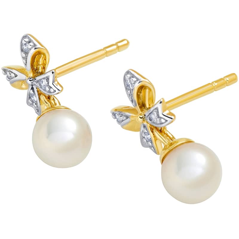 14k Yellow Gold Freshwater Pearl Bow Design Drop Earrings