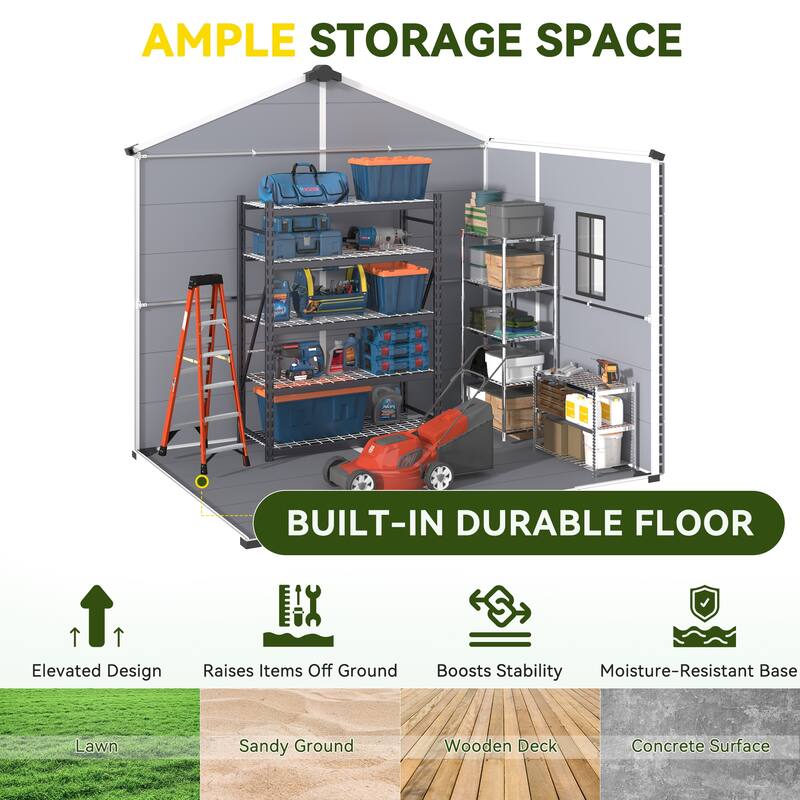 EROMMY Outdoor Storage Shed with Built-In Floor, Lockable Double Doors & Sloped Roof, Gray/Black