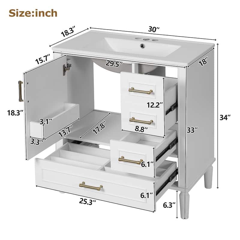 30" Bathroom Vanity with Ceramic Sink Combo, Soft-Close Door Bathroom Storage Cabinet with 3 Drawers