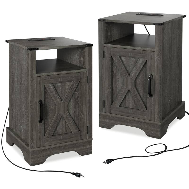 Rustic Wooden Nightstand with Charging Station & Storage - Dark Gray (2 Sets)