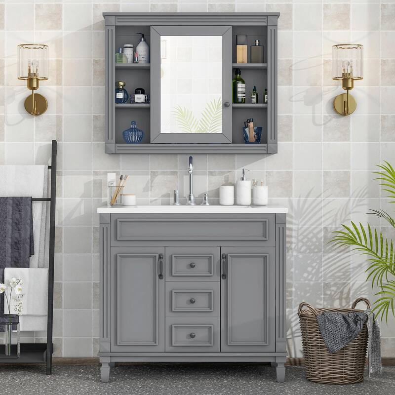 36'' Modern White Bathroom Vanity with Top Sink, Mirror Cabinet