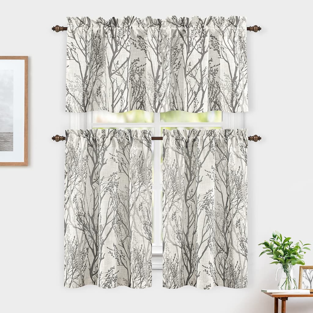 DriftAway Tree Branch Linen Blend Botanical Pattern 3 Pieces Semi Sheer Kitchen Set