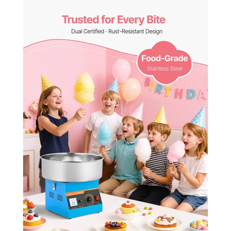 Blue Stainless Steel 1000W Cotton Candy Machine with 1 Hour Run and Easy Cleanup - 14.96x14.96x13.31 in