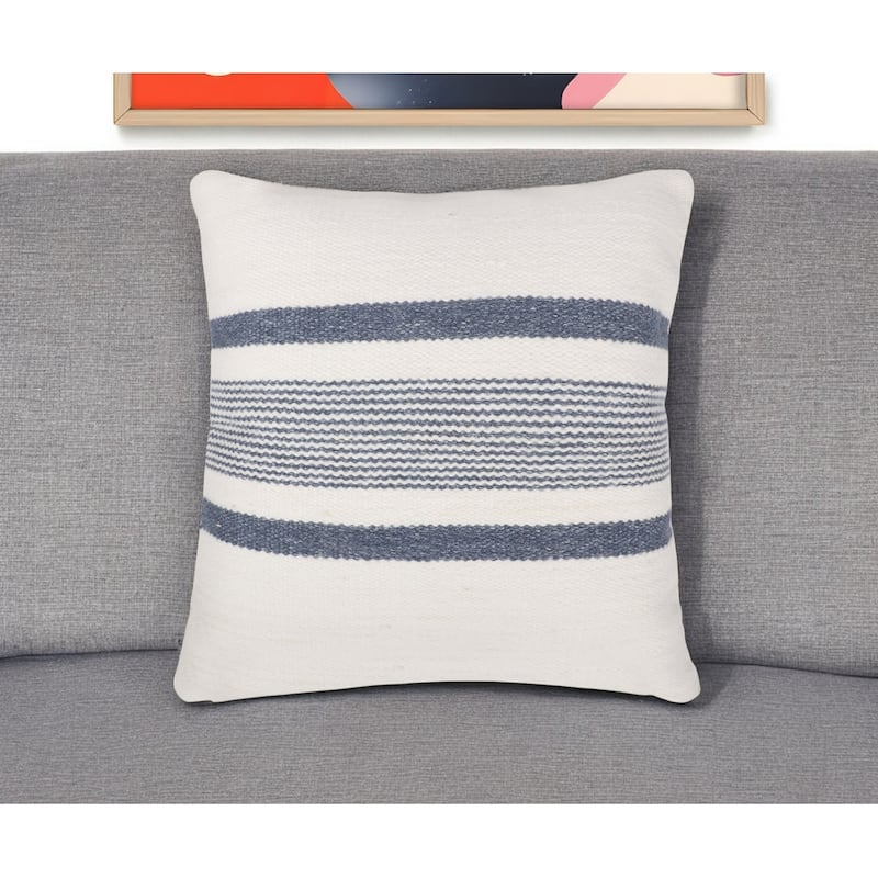 20" Navy and White Striped Throw Pillow With Ruffle - Navy and White