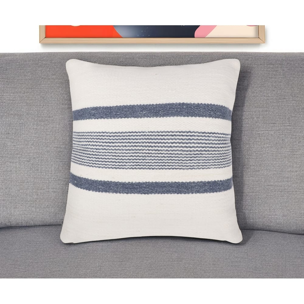 20" Navy and White Striped Throw Pillow With Ruffle