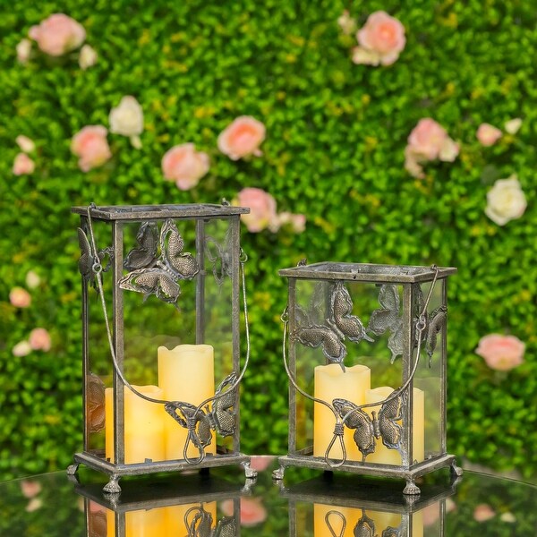 Set of 2 Rectangular Glass Butterfly Lanterns in Frosted Silver Bed Bath Beyond 30600550