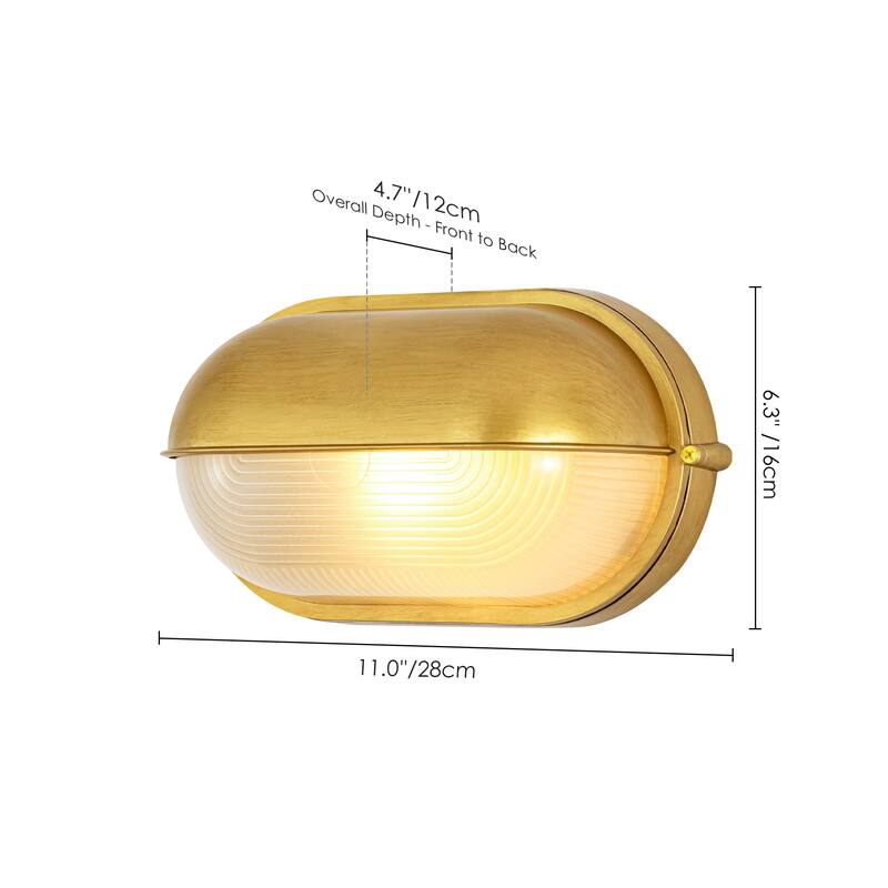11"W 1-Light Retro 40W Oval Painted Gold Finish Wall Sconce with Clear Rippled Glass - 11.0 in. W x 6.3 in. H x 4.7 in. D