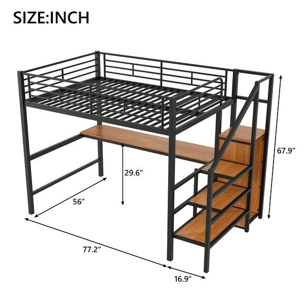 dimension image slide 1 of 2, Full Size Loft Bed with Storage Staircase and Wardrobe, Modern Metal Loft Bed Frame with Desk, Charging Station and LED Light