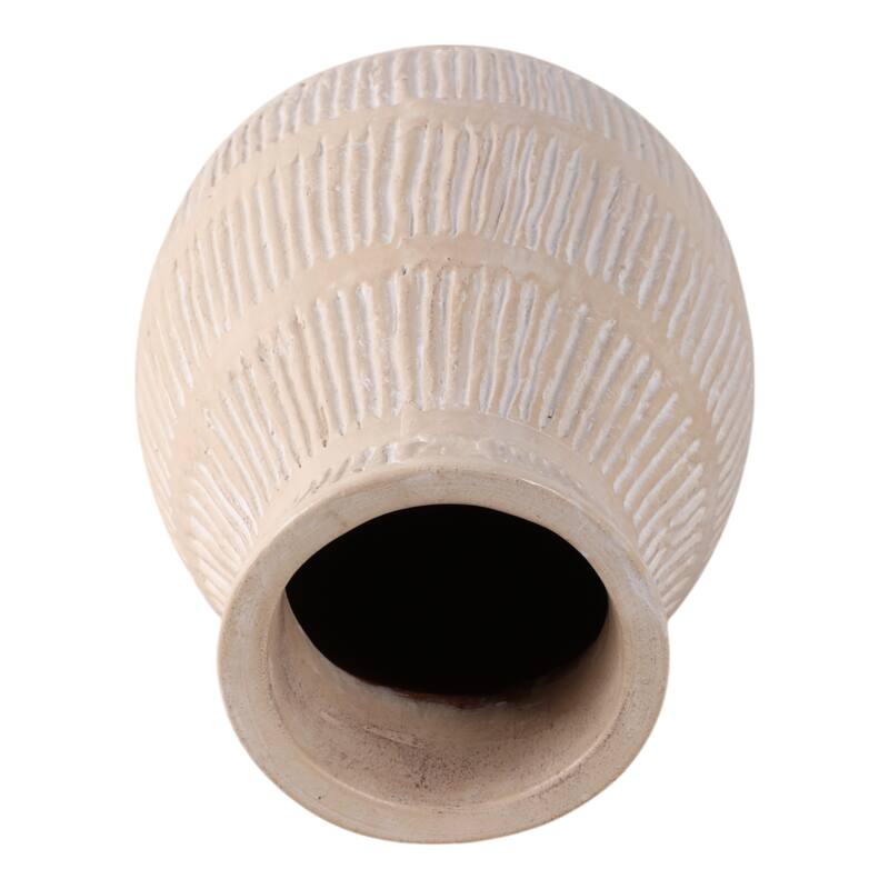 Ceramic Modern Round Flower Vase with Lines - Ivory