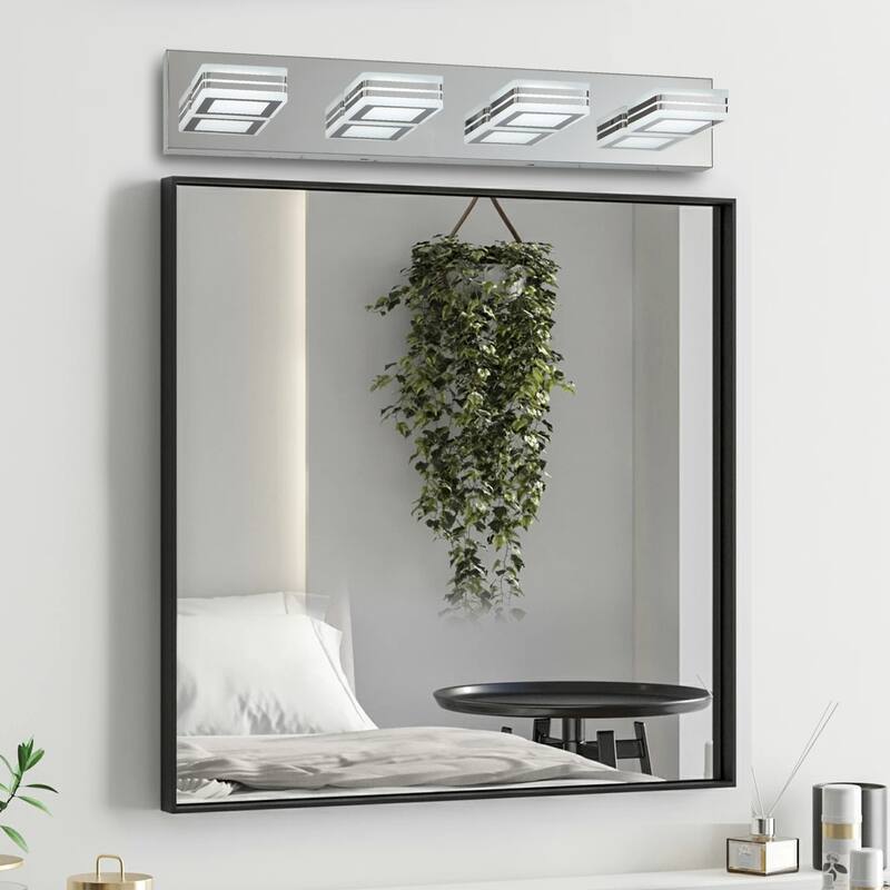 26" Modern Chrome 4-Light LED Vanity Light, Square Acrylic Lampshades Wall Mount Fixture for Bathroom, Mirror Lighting - Chrome