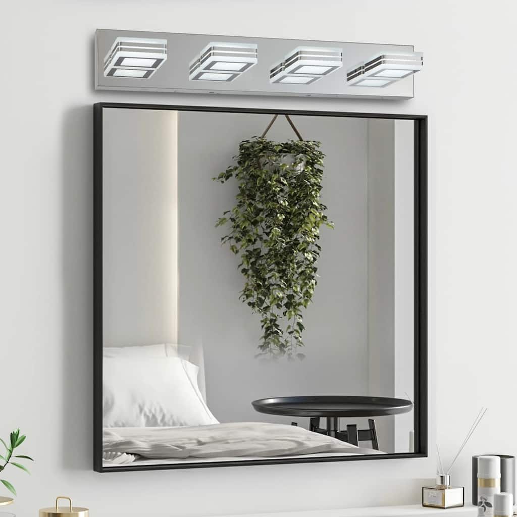 26" Modern Chrome 4-Light LED Vanity Light, Square Acrylic Lampshades Wall Mount Fixture for Bathroom, Mirror Lighting