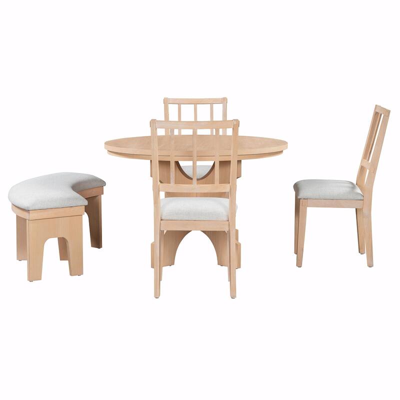 5-Piece Rustic Charm Round Dining Set - 3 Upholstered Chairs with Curved Bench