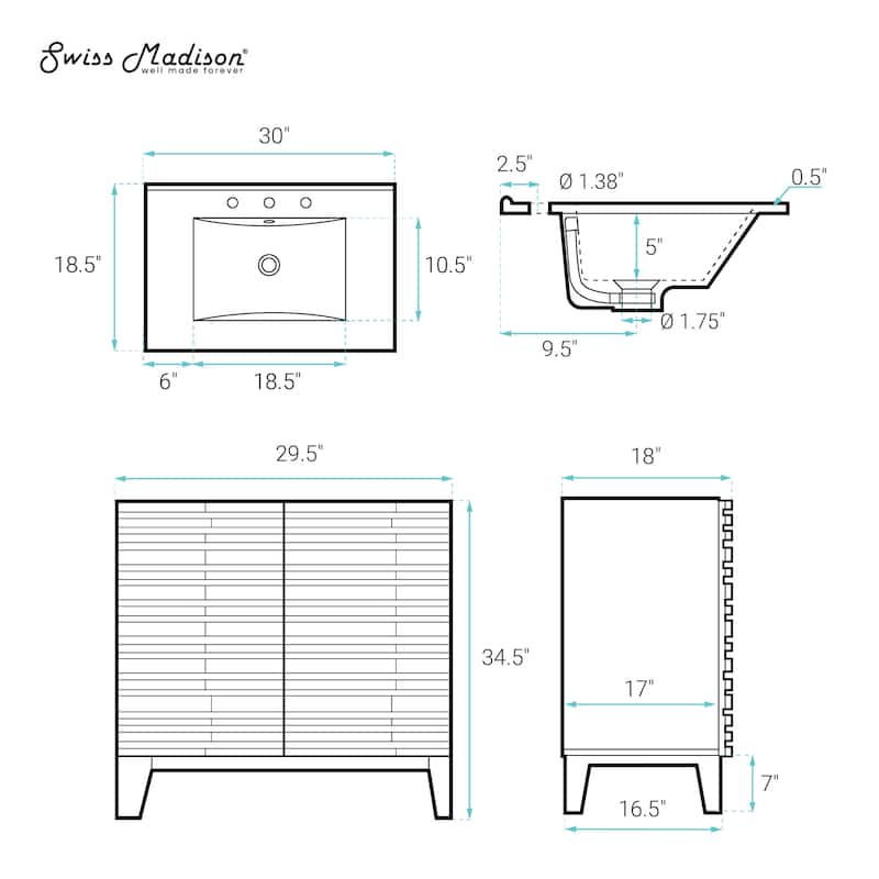 Cascade 30" Freestanding Bathroom Vanity In Brown Oak With 3-Hole Widespread Sink Top - 30