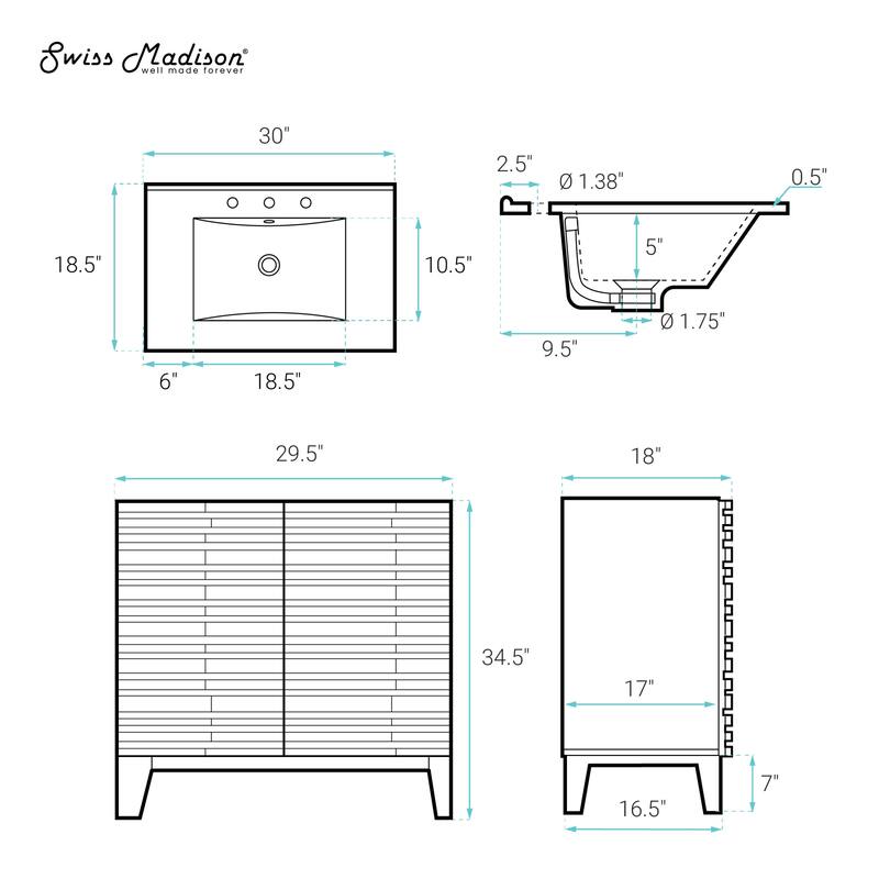 Cascade 30" Freestanding Bathroom Vanity In White Oak With 3-Hole Widespread Sink Top - 30