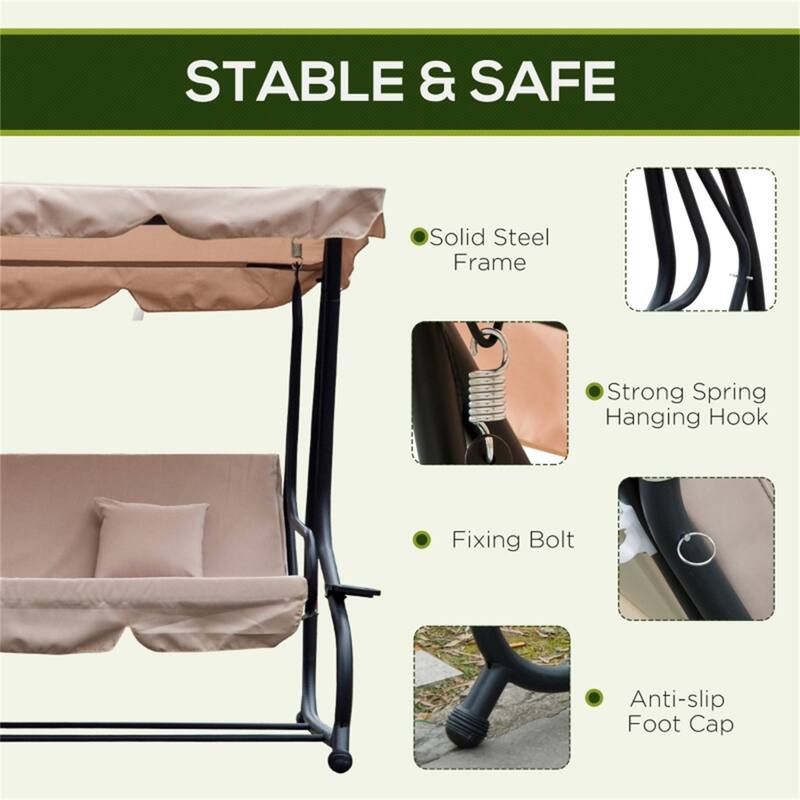 Convertible Patio Swing Bench with Steel Frame and Soft Cushions Pillows Canopy and Cup Holders - 78.75" L x 47.25" W x 64.5" H