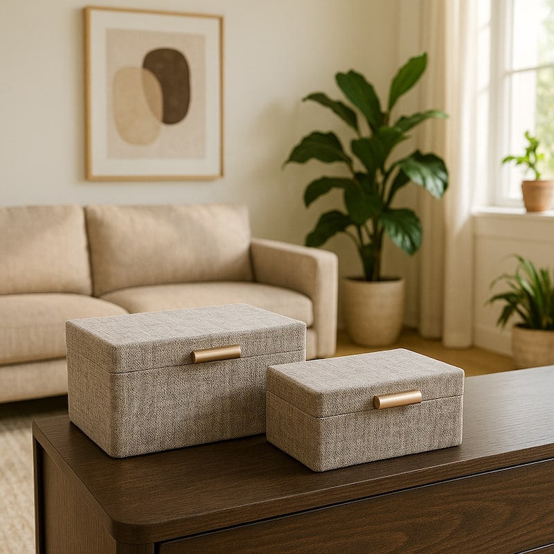 Fabric Organizer Box with Lid Modern (Set of 2) - 9" Brown - 9" x 7" x 4"