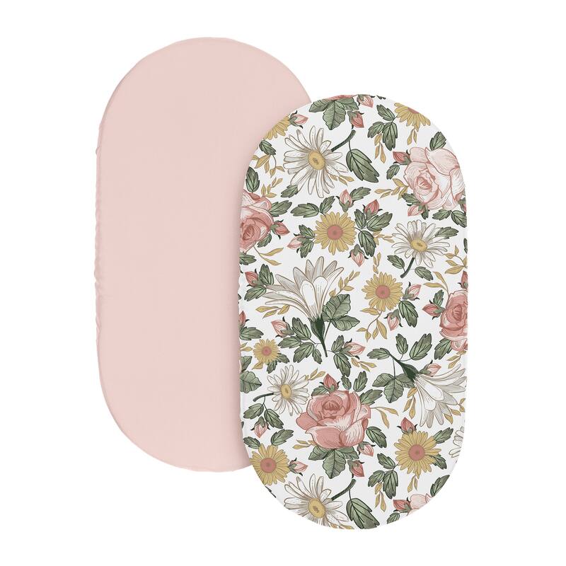 Sweet Jojo Designs Vintage Floral Boho Girl 2 Pack Baby Bassinet Fitted Sheets Pink Yellow Bohemian Shabby Chic Farmhouse Green