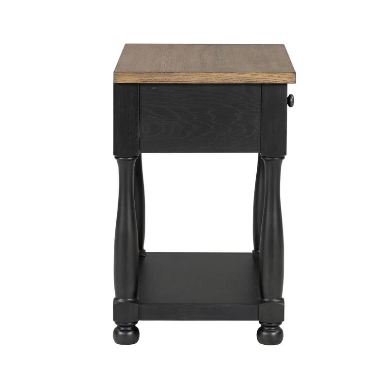 Ginie Nightstand, USB Ports and Drawer, Shelf, Black Rustic Oak Wood