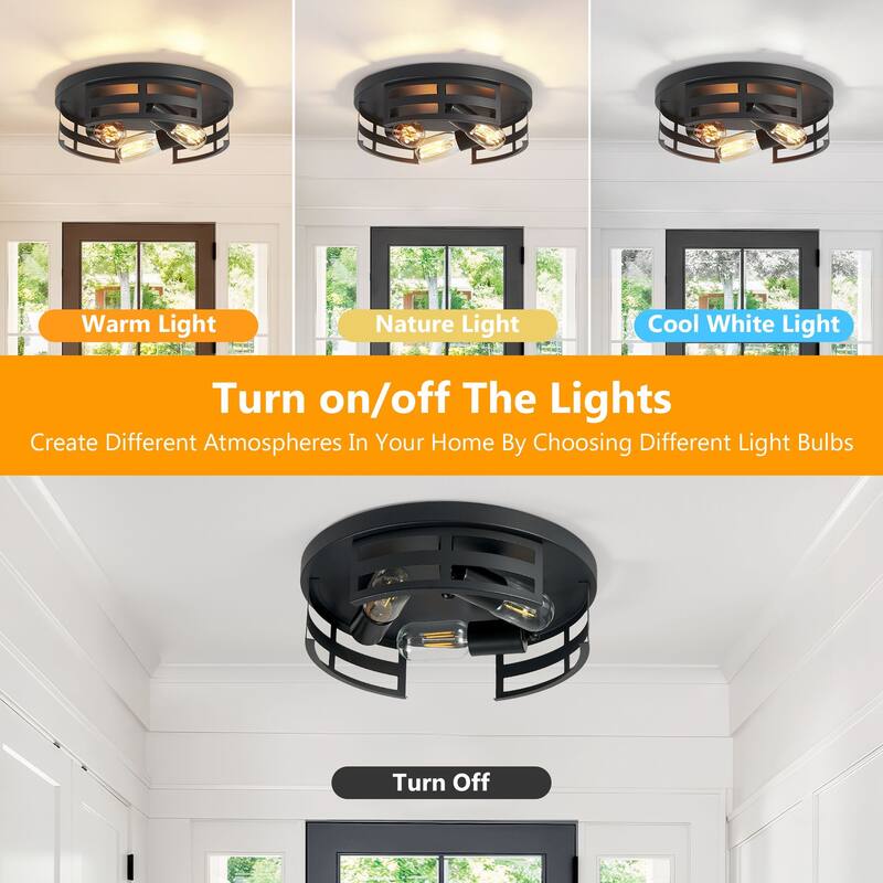 3-Light Black Farmhouse Flush Mount Ceiling Light-2 Pack For Bedroom/Living Room(Matte Black)