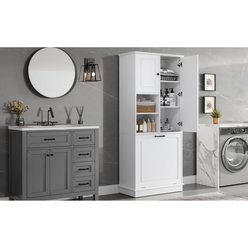 Roomfitters 67" Tall Storage Cabinet with Flip-Out Basket & Adjustable Shelves, MDF Linen Tower for Bathroom & Office
