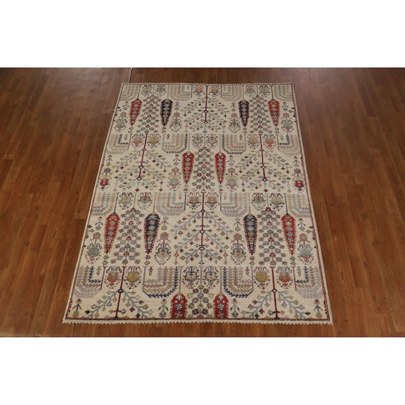Hand Knotted Oriental 100% Wool Carpet Traditional All-Over Beige & Ivories Ziegler Area Rug - 6' 7'' X 5' 0''