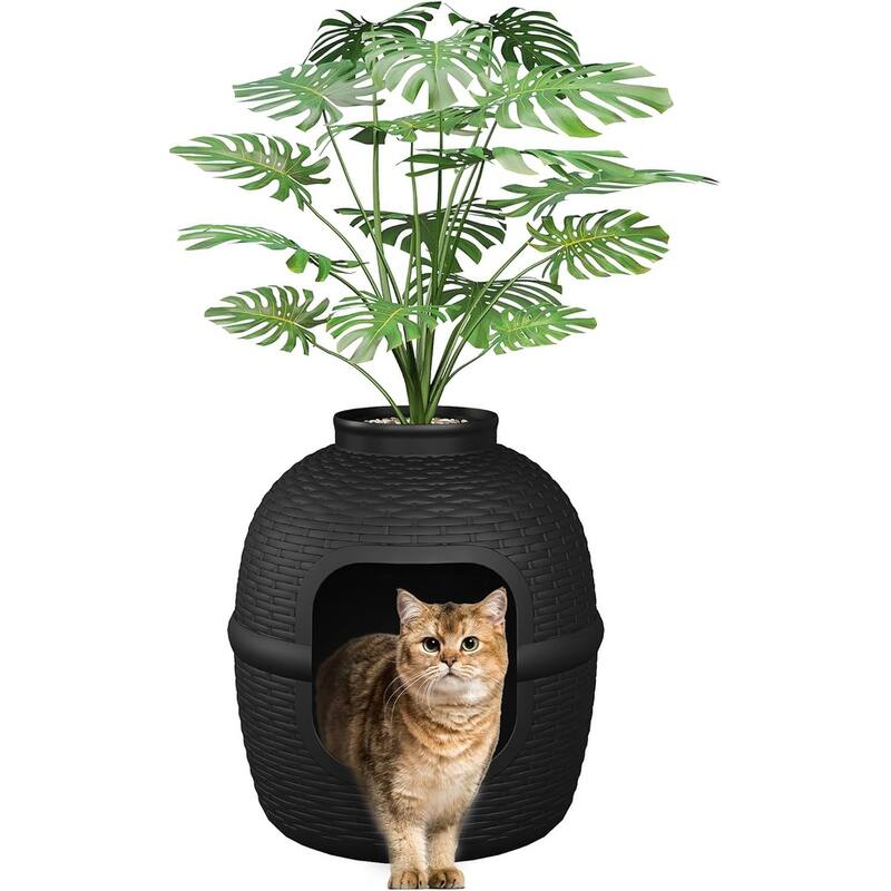 Hidden Litter Box with Faux Plant & Rattan Pattern, Large Cat Enclosure - Black