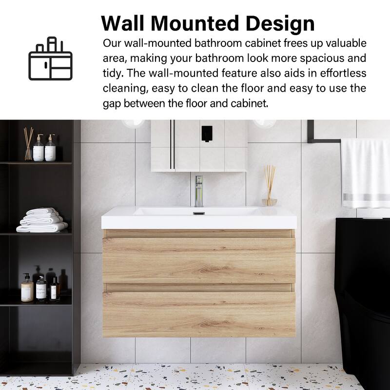 Angela Wall Mounted Bathroom Vanity in F. Oak with White Cultured Marble Top