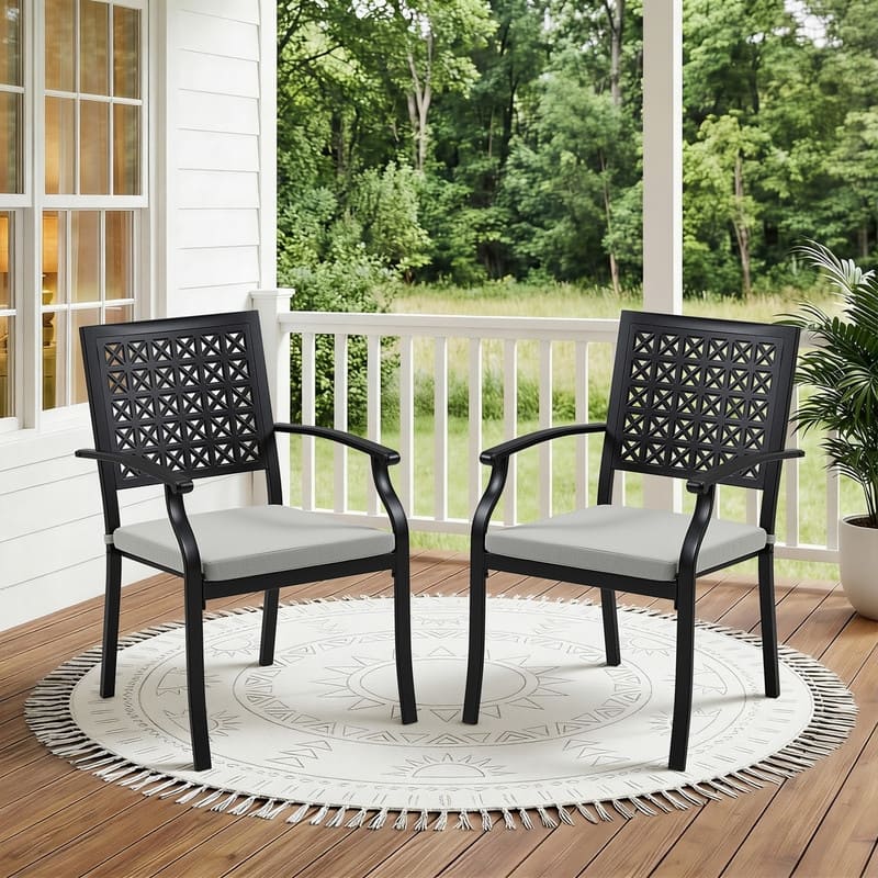 Patio Dining Chairs, Outdoor Metal Chairs with Armrests, Chair Set with Cushions, 2-Piece Set, Suitable for Patios and Gardens - Fixed Chair