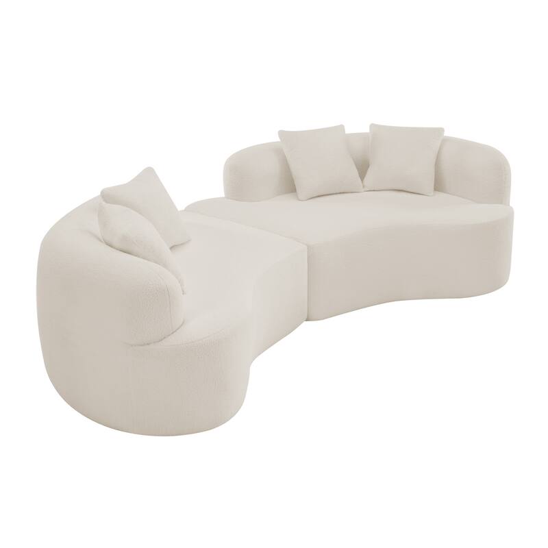 Curved Four Seater White Sofa, Teddy Velvet Fabric, Foam+Spring, Compact for Small Spaces