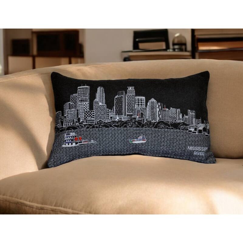 HomeRoots 25" Black Minneapolis Nighttime Skyline Lumbar Decorative Pillow - Bed Rest - Polyester