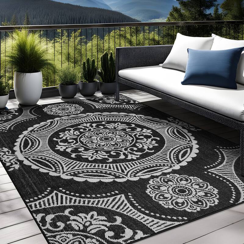 Beverly Rug Blue Medallion Indoor Outdoor Rug, Outside Carpet for Patio, Deck, Porch