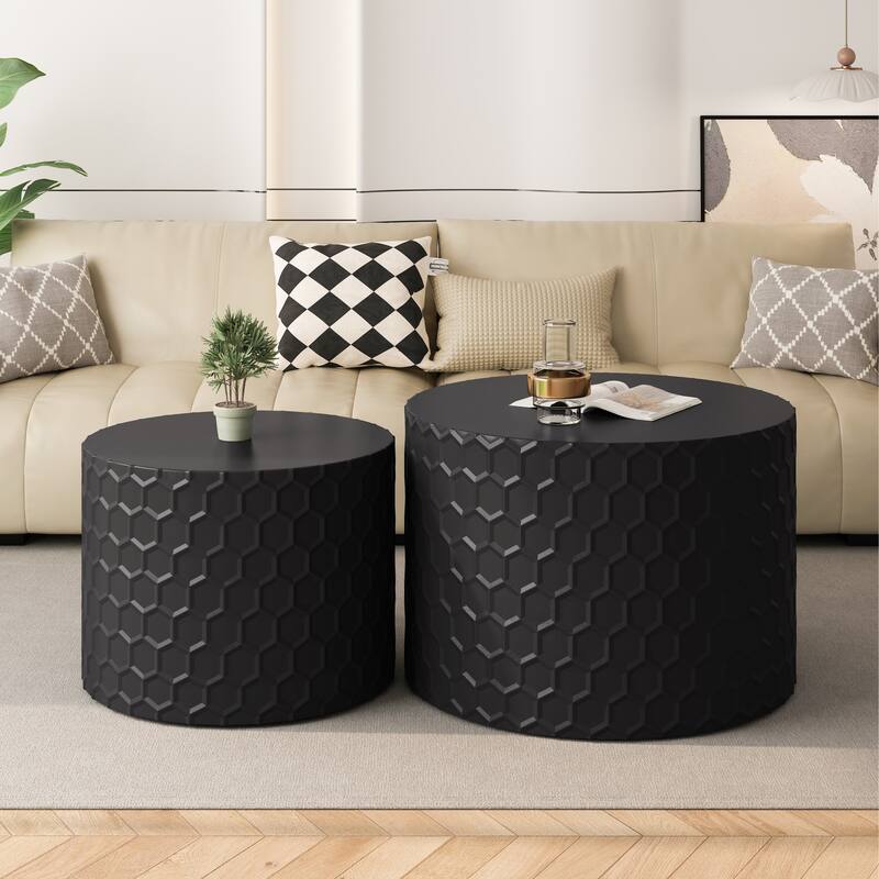 Minimalist Coffee Table Set of 2, 23.6" Round Drum Side Tables, Nesting Wooden Centerpiece Table for Living Room, Lounge - Black