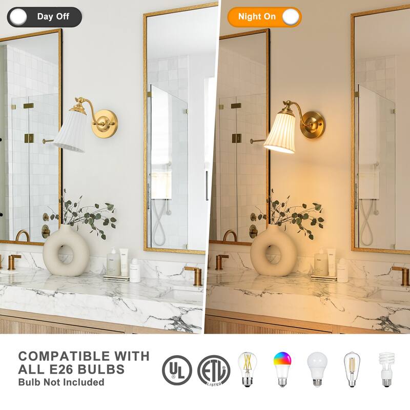 Modern Gold Wall Sconce with Fluted Ceramic Bell Shade Bathroom