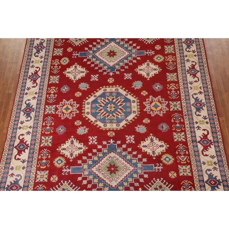 Red Geometric Kazak Oriental Area Rug Handmade Wool Carpet - 9'0"x 11'11"