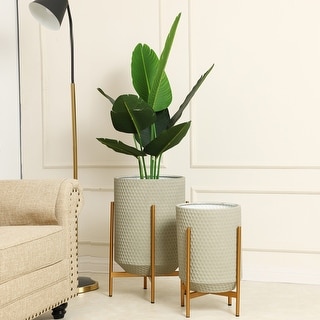 Grey Honeycomb Metal Cachepot Planters with Gold Stands (Set of 2)