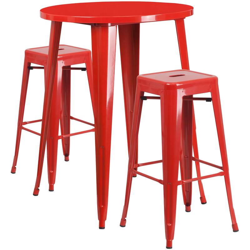 30'' Round Metal Indoor-Outdoor Bar Table Set with 2 Square Seat Backless Stools - 30"W x 30"D x 41"H - 30"W x 30"D x 41"H
