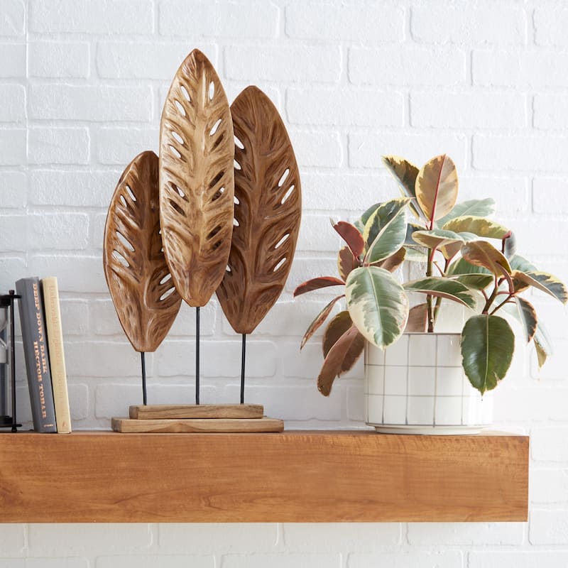 Brown Teak Wood Handmade Leaf Decorative Sculpture