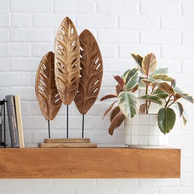 Brown Teak Wood Handmade Leaf Decorative Sculpture