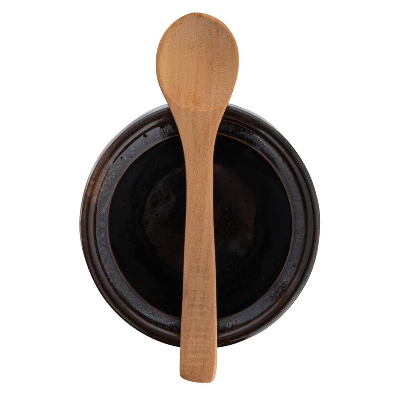 Stoneware Sugar Pot with Lid and Wood Spoon - 3.8"L x 3.8"W x 4.4"H