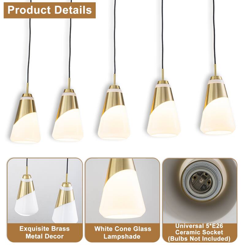 5-Light Gold Pendant Light with White Opal Glass Cone Shades - W 45.43-in