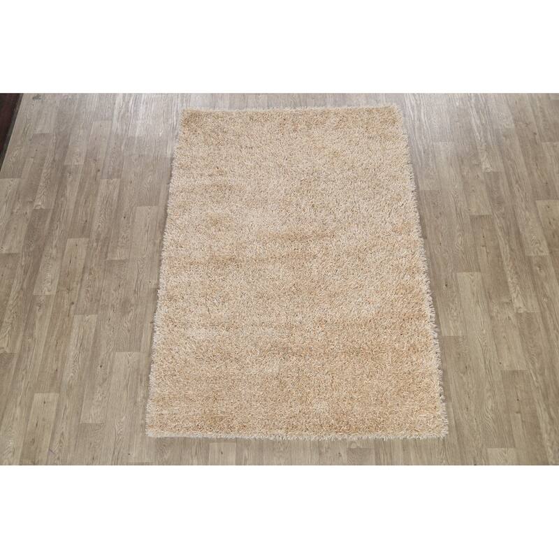 Hand Knotted Oriental Polyester Carpet Modern Contemporary Beige & Ivories Shaggy Area Rug - 7' 5'' X 5' 3''