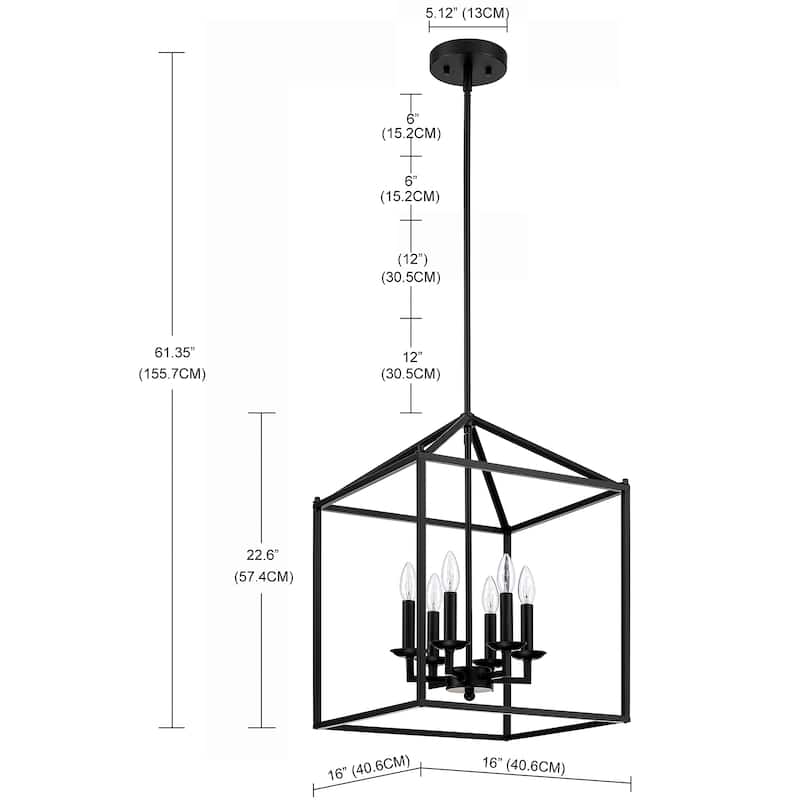 6-light pendant with black finish and steel cage shade