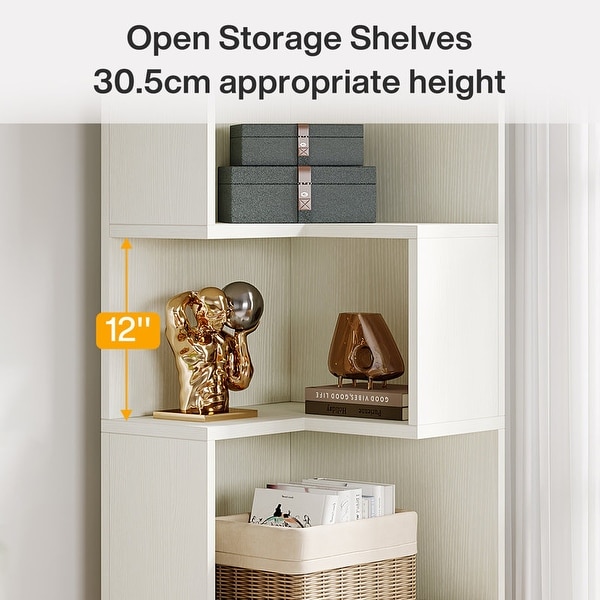 White Corner Bookcase Bookshelf with Storage Shelves and 2 Drawers