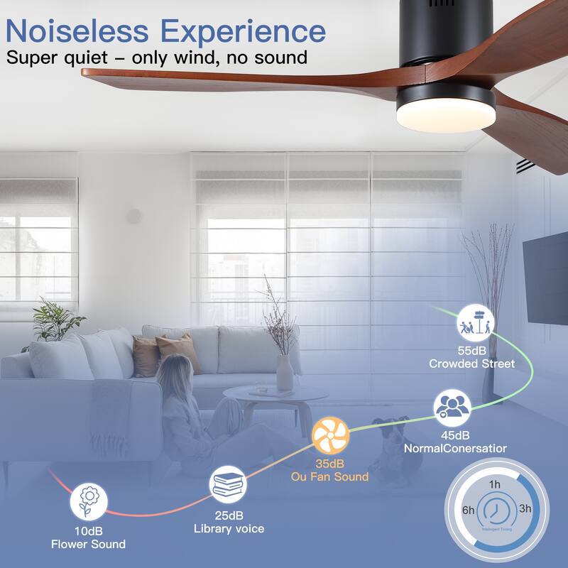 52In. Farmhouse Indoor Flush Mount Low Profile Ceiling Fan with Solid Wood Blades and Remote Control