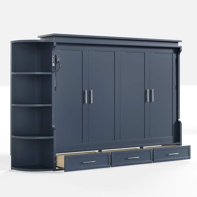 Murphy Platform Bed with Side Cabinets & Drawers, Wall Bed with Shelf for Home Office, Queen or Full