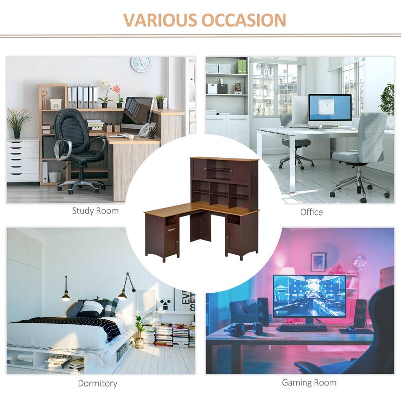 HOMCOM L-Shaped Corner Computer Desk with Hutch, Home Office Desk Study Workstation Table