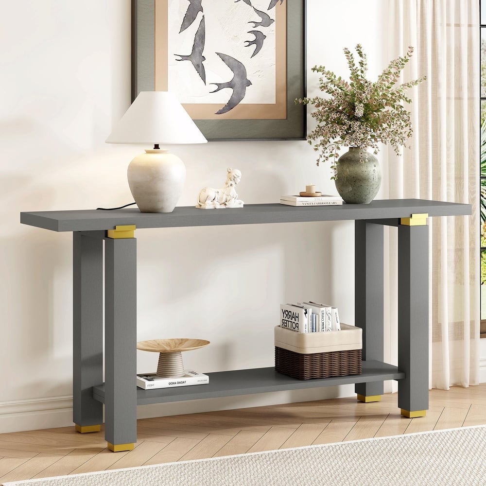 62.9" Modern Minimalist Console Table, Solid Wood Entryway Sofa Table with Metal Accents and Built-in Shelf
