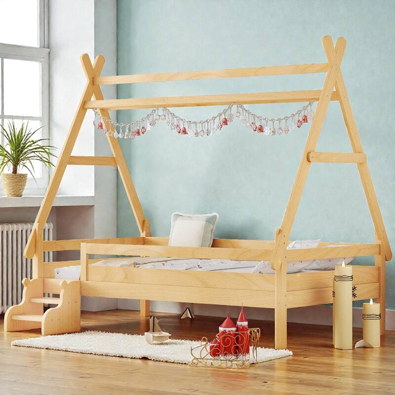 Twin/Full House Platform Bed with Stairs, Solid Wood Low Profile Kids Bed Frame, Fun Playhouse Design for Children - Natural - Twin